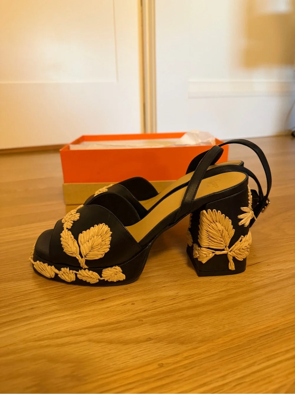 Castaner Black Ankle Strap Platform Sandals with Straw Embroidered Leaf Detail
